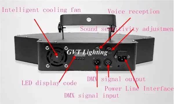 Black gvt eight eyes led scanner beam light back with multiple input output ports and cooling fan for room party use