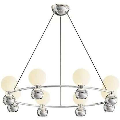 Modern black chrome-finished nordic pendant chandelier with circular frame and eight frosted glass globes suspended by cords