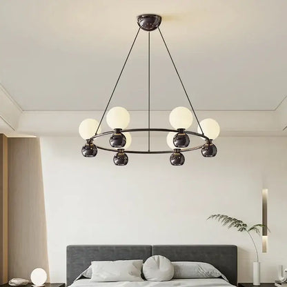 Modern black metal nordic pendant chandelier with eight frosted glass globes for living room lighting