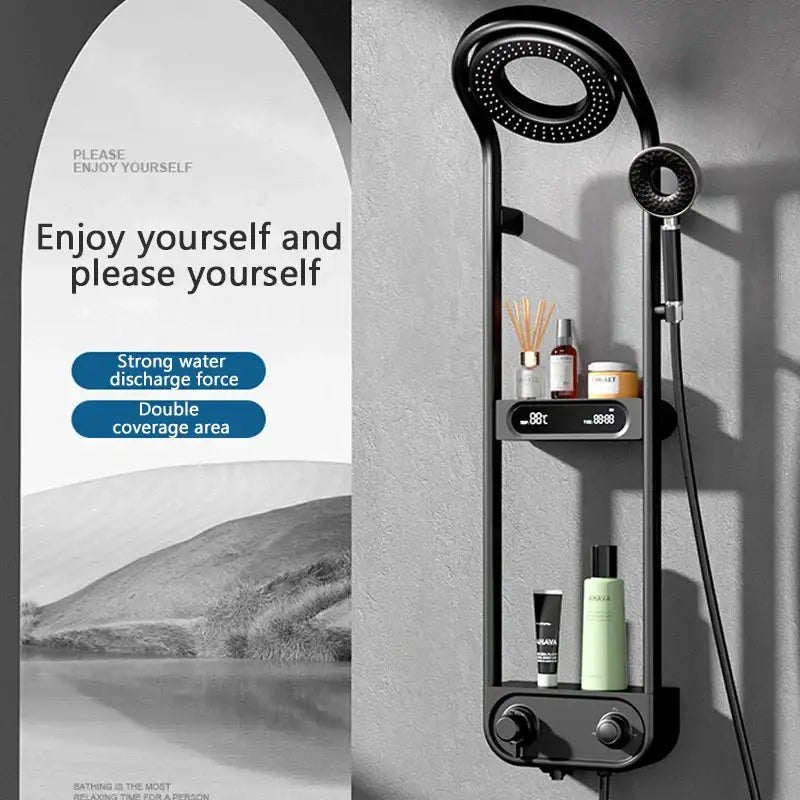 Modern black electric showerhead knobs column faucet featuring dual spray heads and integrated digital display for bathroom use