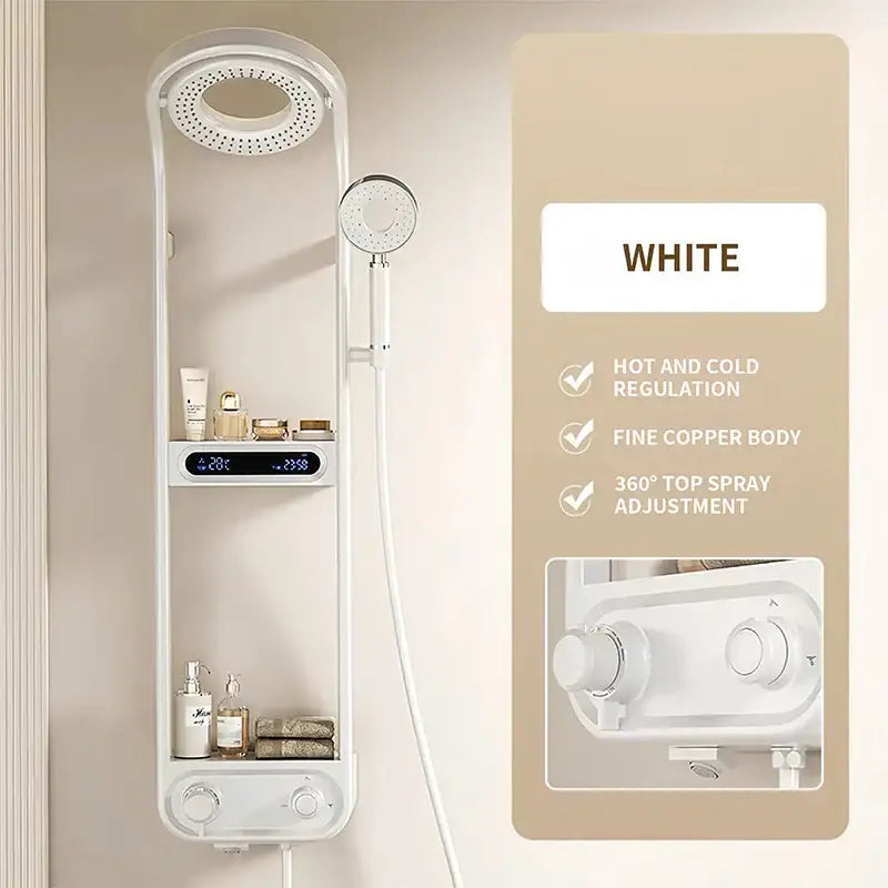 Modern black electric showerhead knobs column faucet with sleek white copper body and digital temperature display