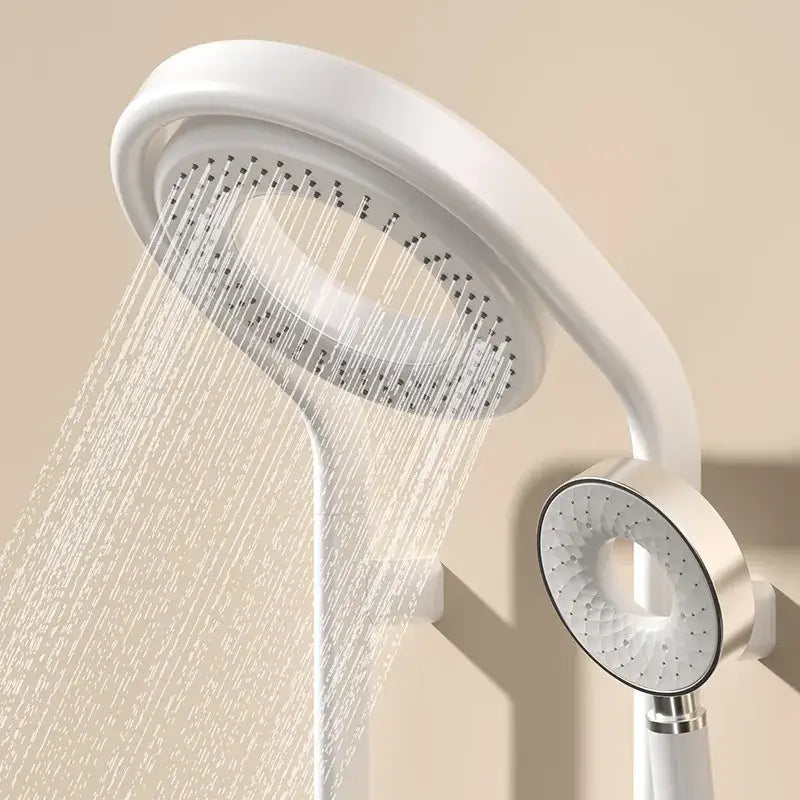 Modern black electric showerhead knobs column faucet bathroom set with white silver dual showerhead and handheld unit
