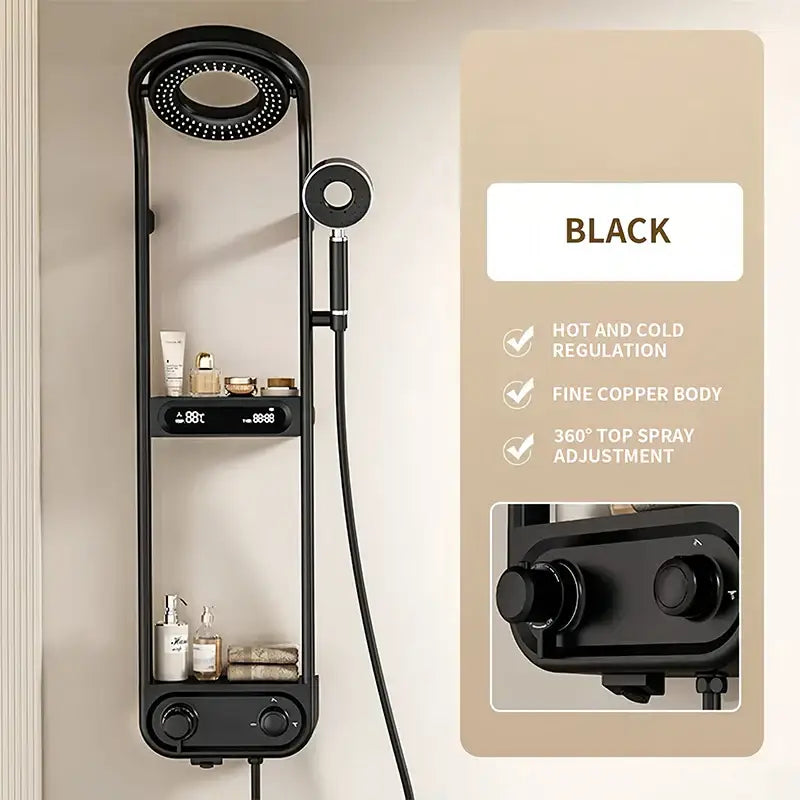 Modern black electric showerhead knobs column faucet with sleek copper body and integrated storage shelves for bathroom use