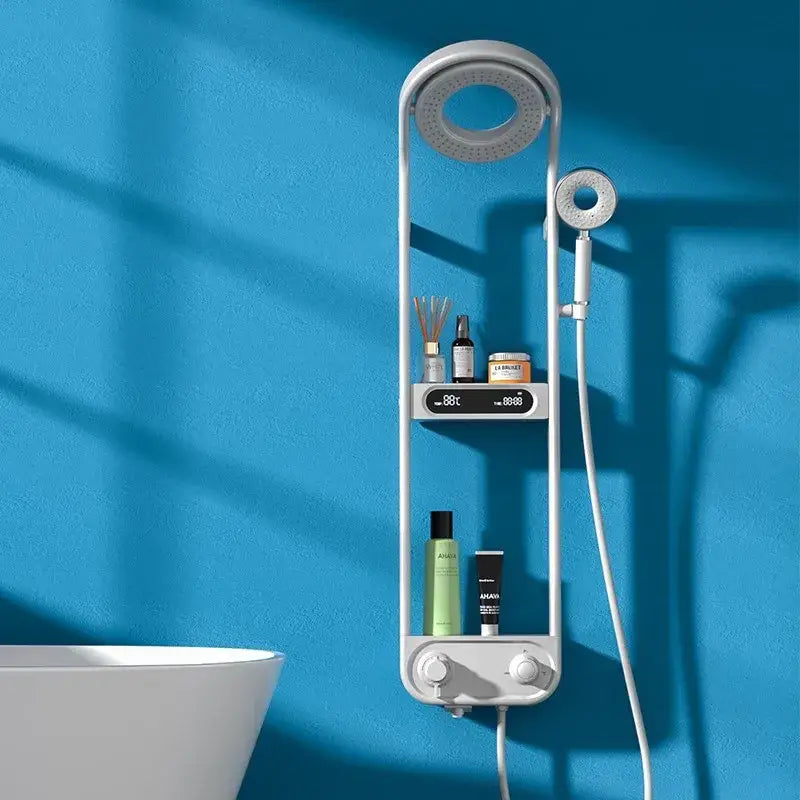 Modern black electric showerhead knobs column faucet with white dual showerheads and integrated digital display