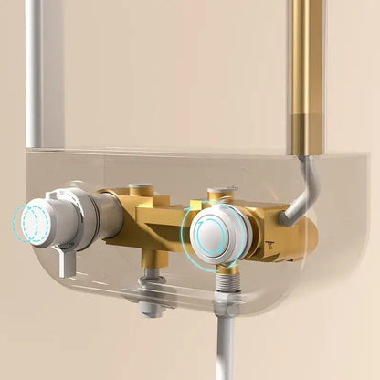 Modern black electric showerhead knobs column with gold and white dual-handle shower mixer and sleek design