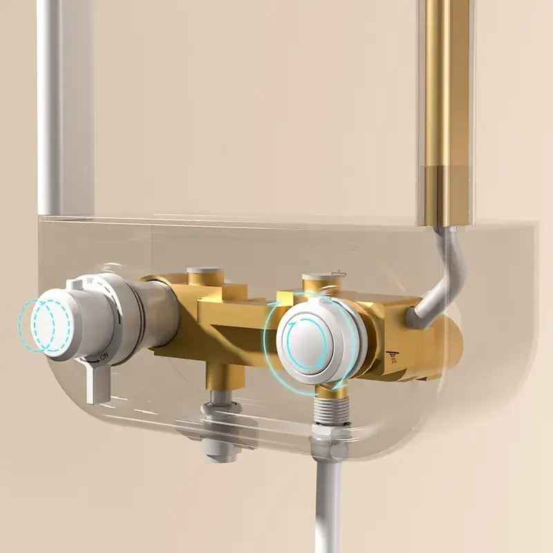 Modern black electric showerhead knobs column with gold and white dual-handle shower mixer and sleek design