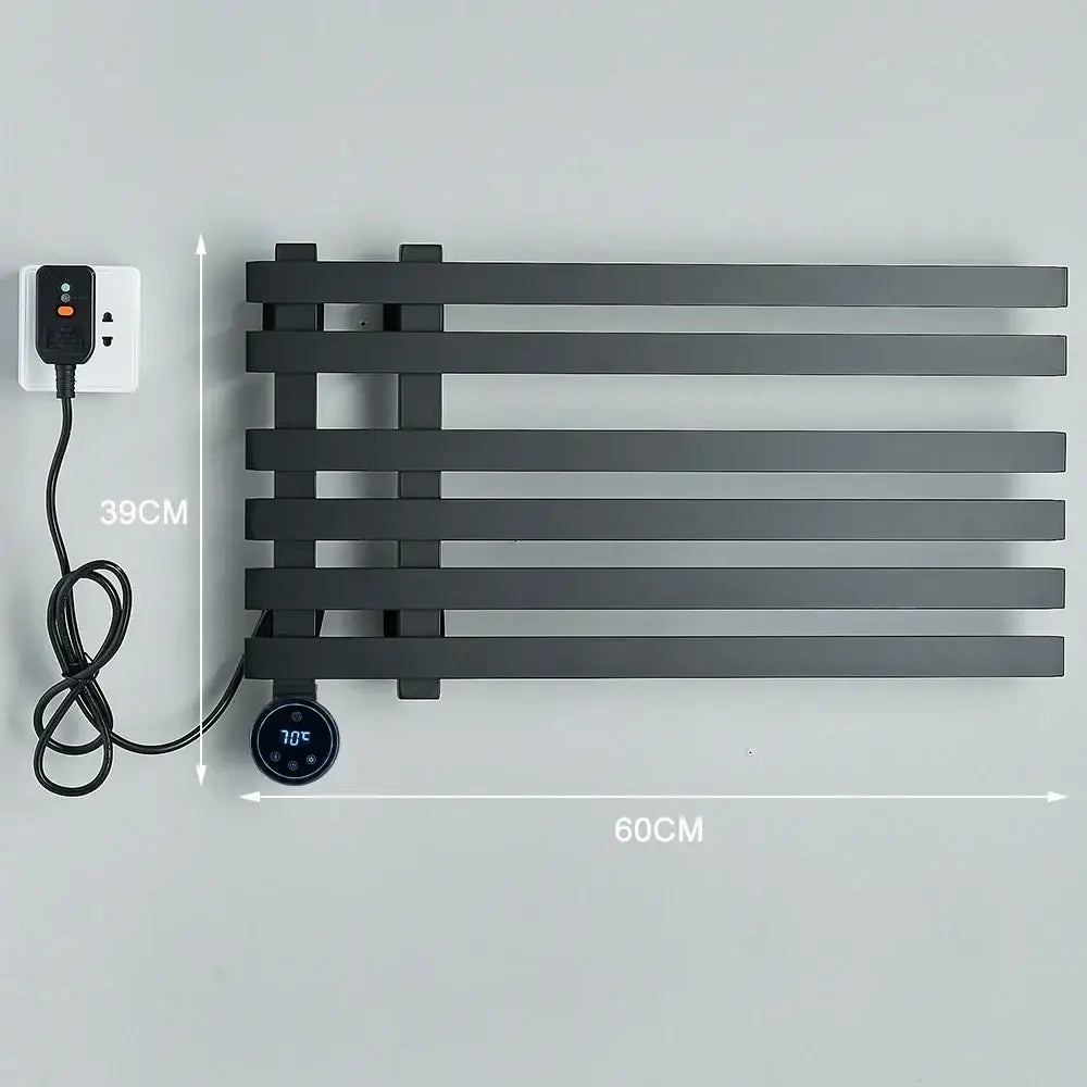 Modern black matte-finished electric towel warmer rack with digital temperature display and power cord for bathroom use