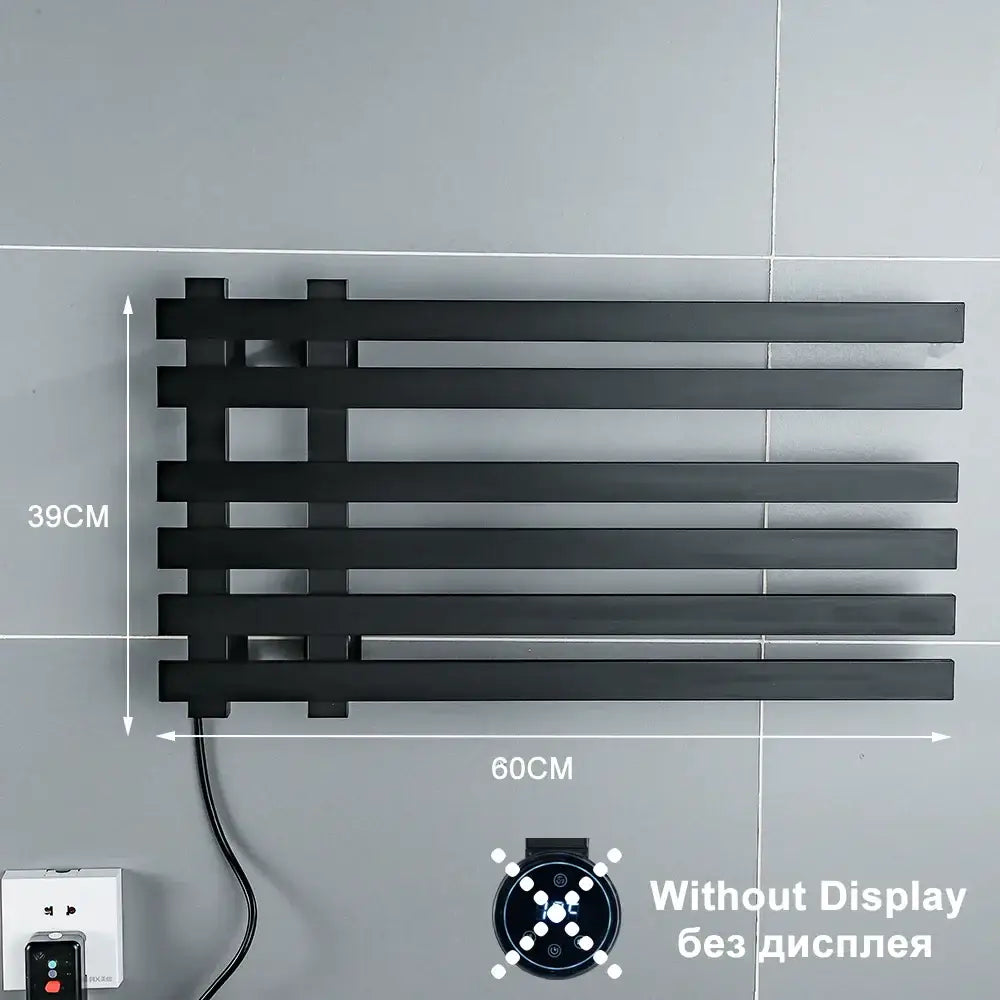 Modern black electric towel warmer rack with matte finish horizontal slats and digital display for bathroom use