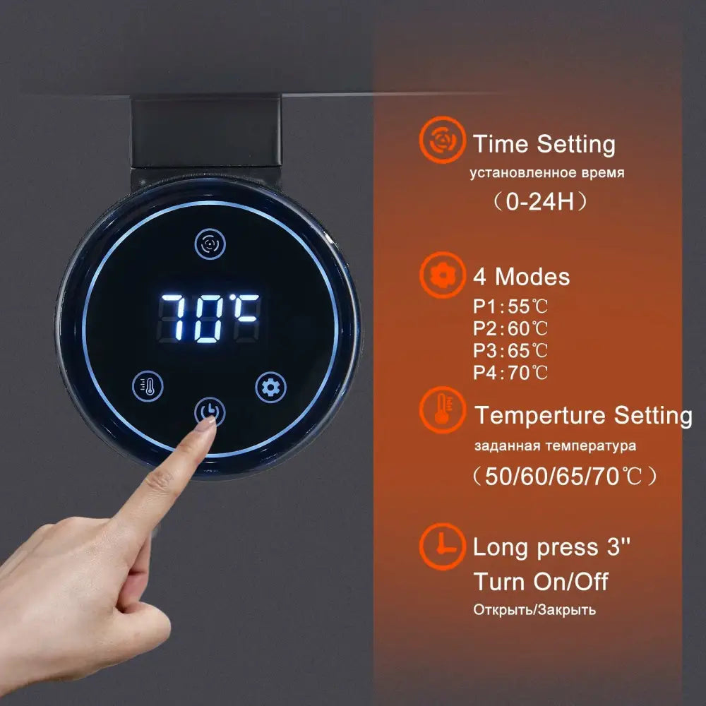 Modern black electric towel warmer rack with circular digital control panel showing 70°c temperature setting