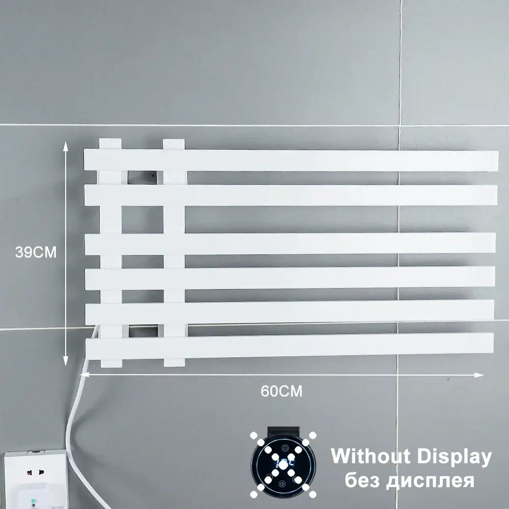 Modern black electric towel warmer rack with sleek white minimalist grid design and integrated heating elements