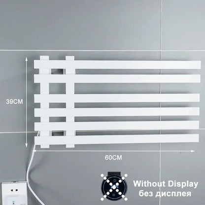Modern black electric towel warmer rack with sleek white minimalist grid design and integrated heating elements