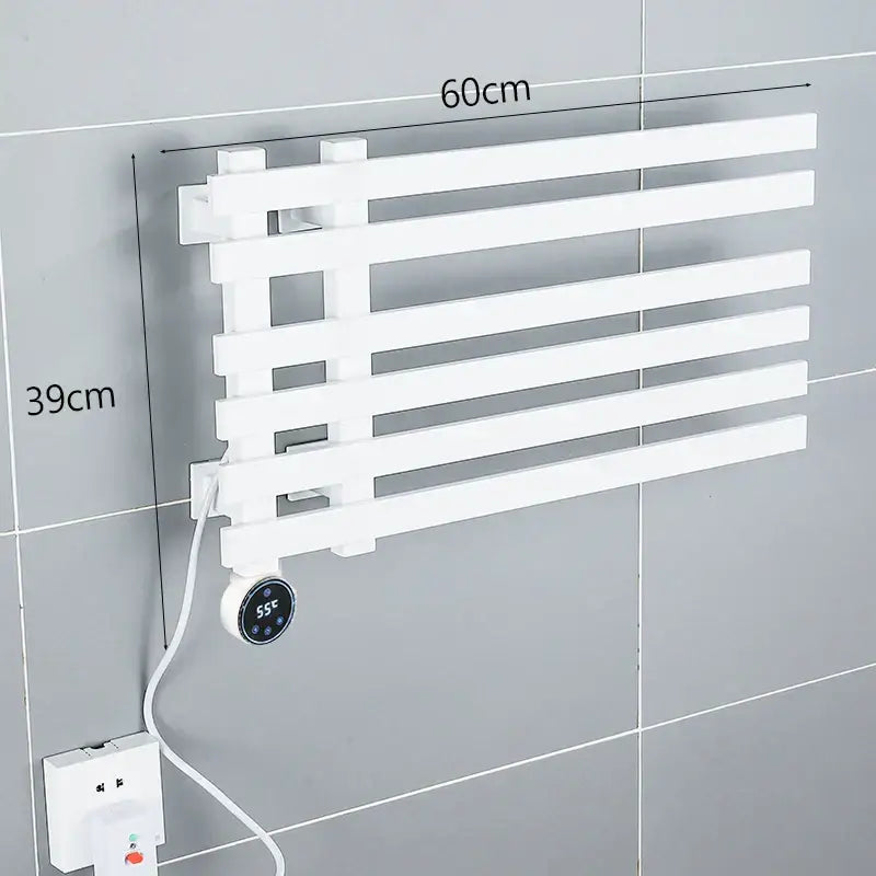 White electric towel warmer rack wall-mounted with digital temperature display for modern bathroom use