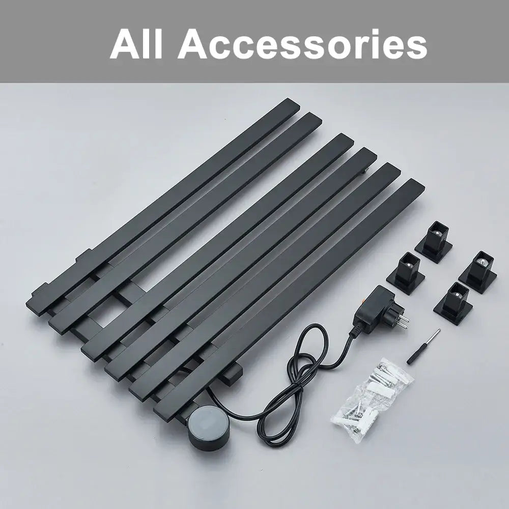 Modern black electric towel warmer rack in matte metal with digital display and integrated power cord for bathroom use