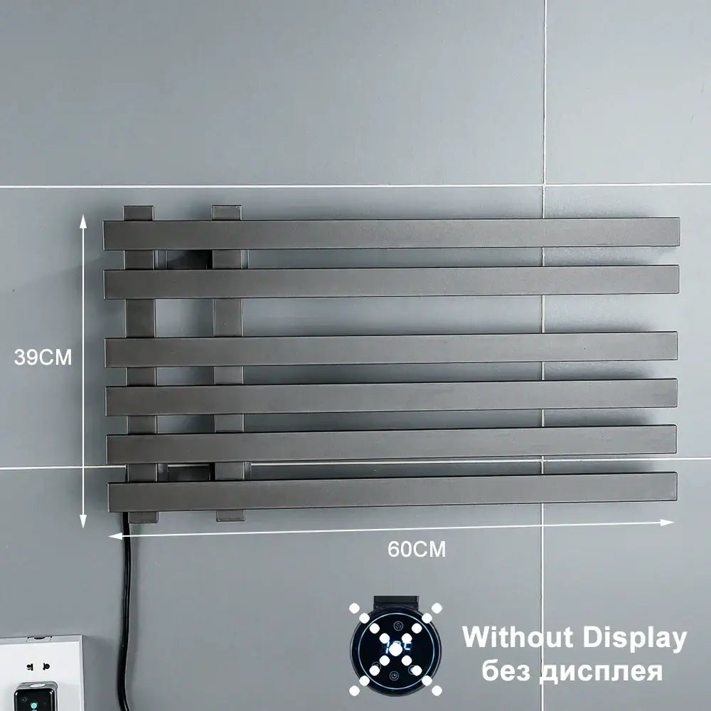 Modern matte black electric towel warmer rack with sleek horizontal bars and compact 60cm by 39cm design for bathroom use