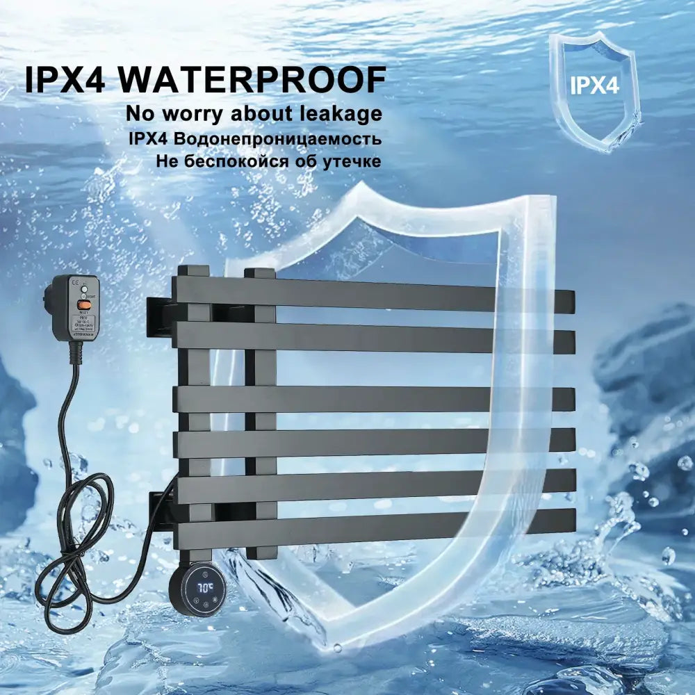 Modern black electric towel warmer rack with a digital temperature display and ipx4 waterproof rating for bathrooms