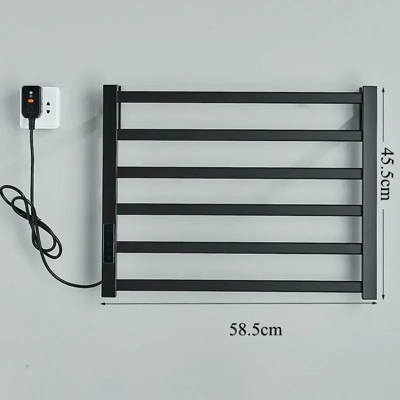 Modern black electric towel warmer with digital display featuring five horizontal bars and a sleek design