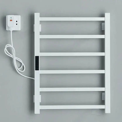 Modern white electric towel warmer with sleek minimalist design and integrated power cord for bathroom use