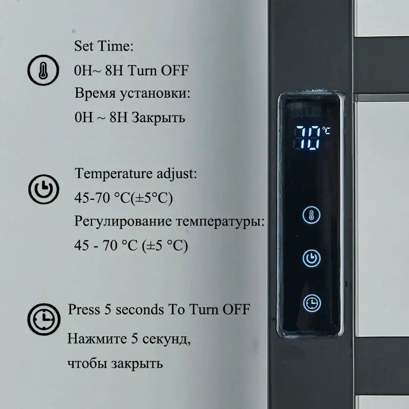 Modern black electric towel warmer with digital display featuring illuminated blue controls for temperature power and time settings