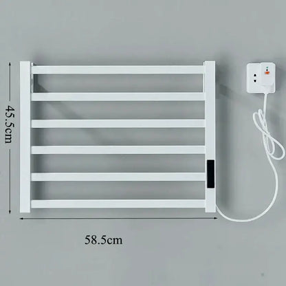 White electric towel warmer with five horizontal bars and matching power adapter for bathroom use