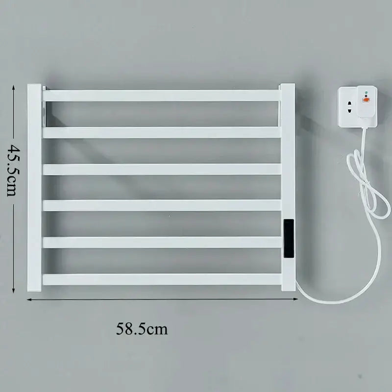 White electric towel warmer with five horizontal bars and matching power adapter for bathroom use