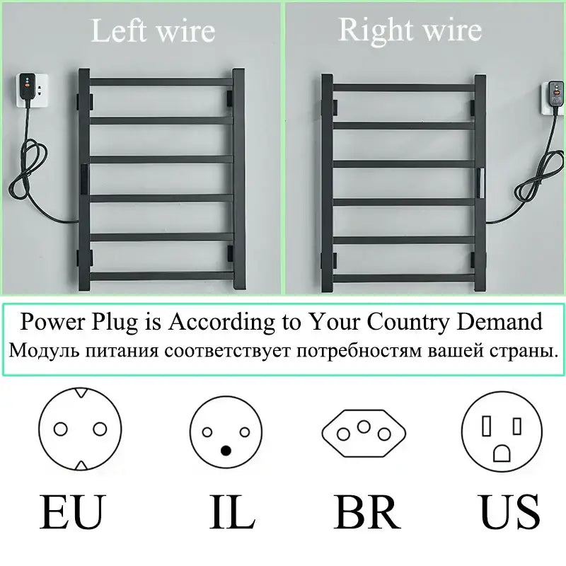Modern black electric towel warmer with five horizontal bars and power cord for efficient bathroom use