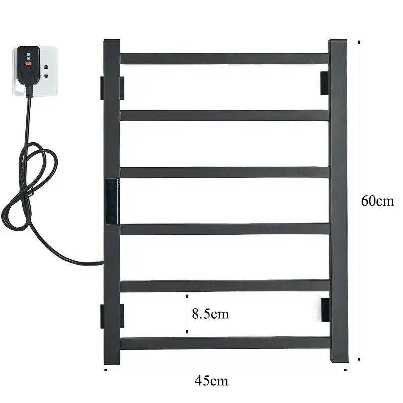 Modern black electric towel warmer with five horizontal bars and digital display plugged into a bathroom outlet