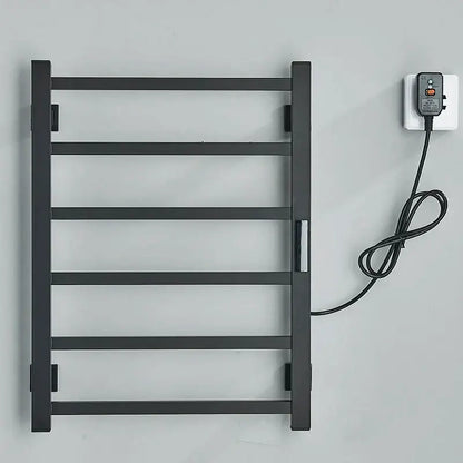 Modern black electric towel warmer with matte finish five bars and plugged power cord for bathroom use