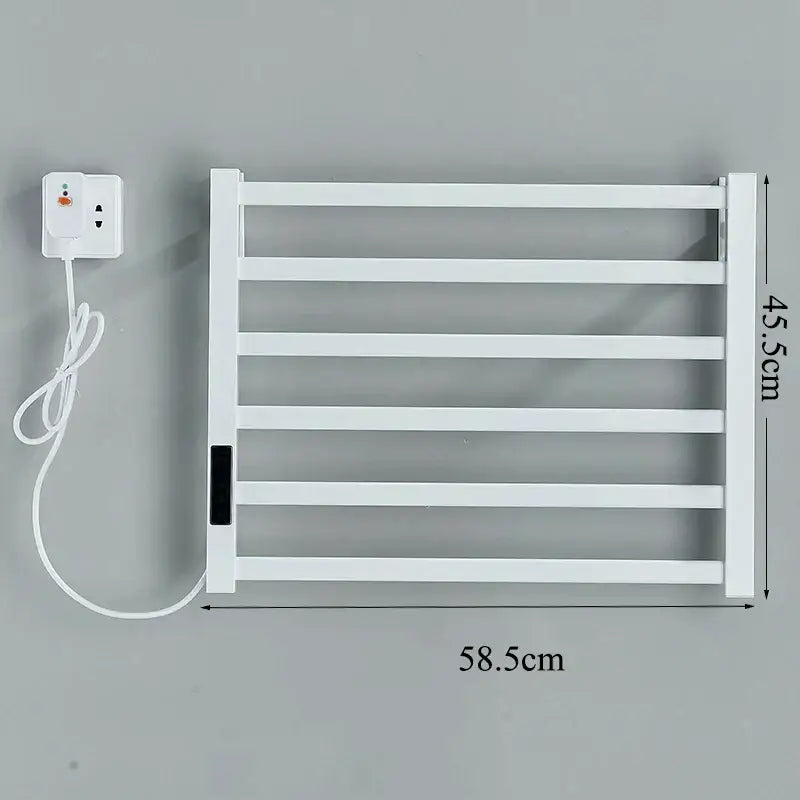 Modern white electric towel warmer with six horizontal bars and matching wall-mounted power adapter for bathroom use