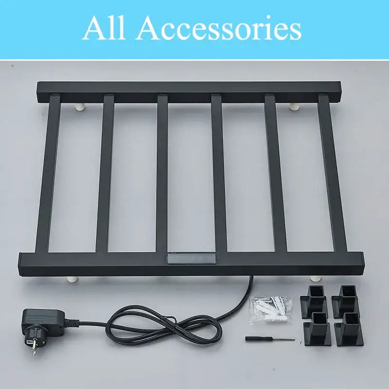 Modern black electric towel warmer with radiator-style metal design wall brackets and power cord for bathroom use