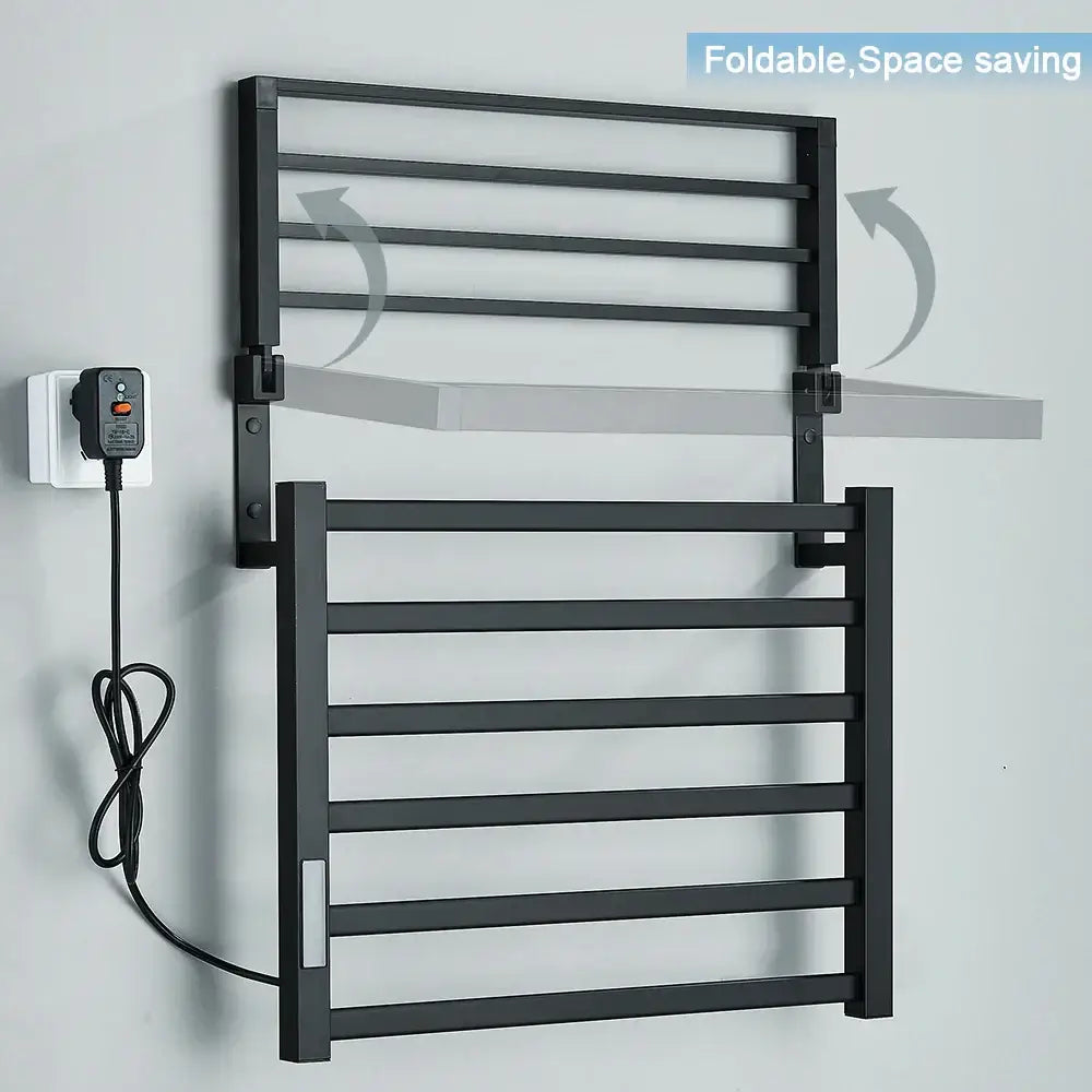 Modern black electric towel warmer with foldable design and wall-mounted brackets for bathroom use