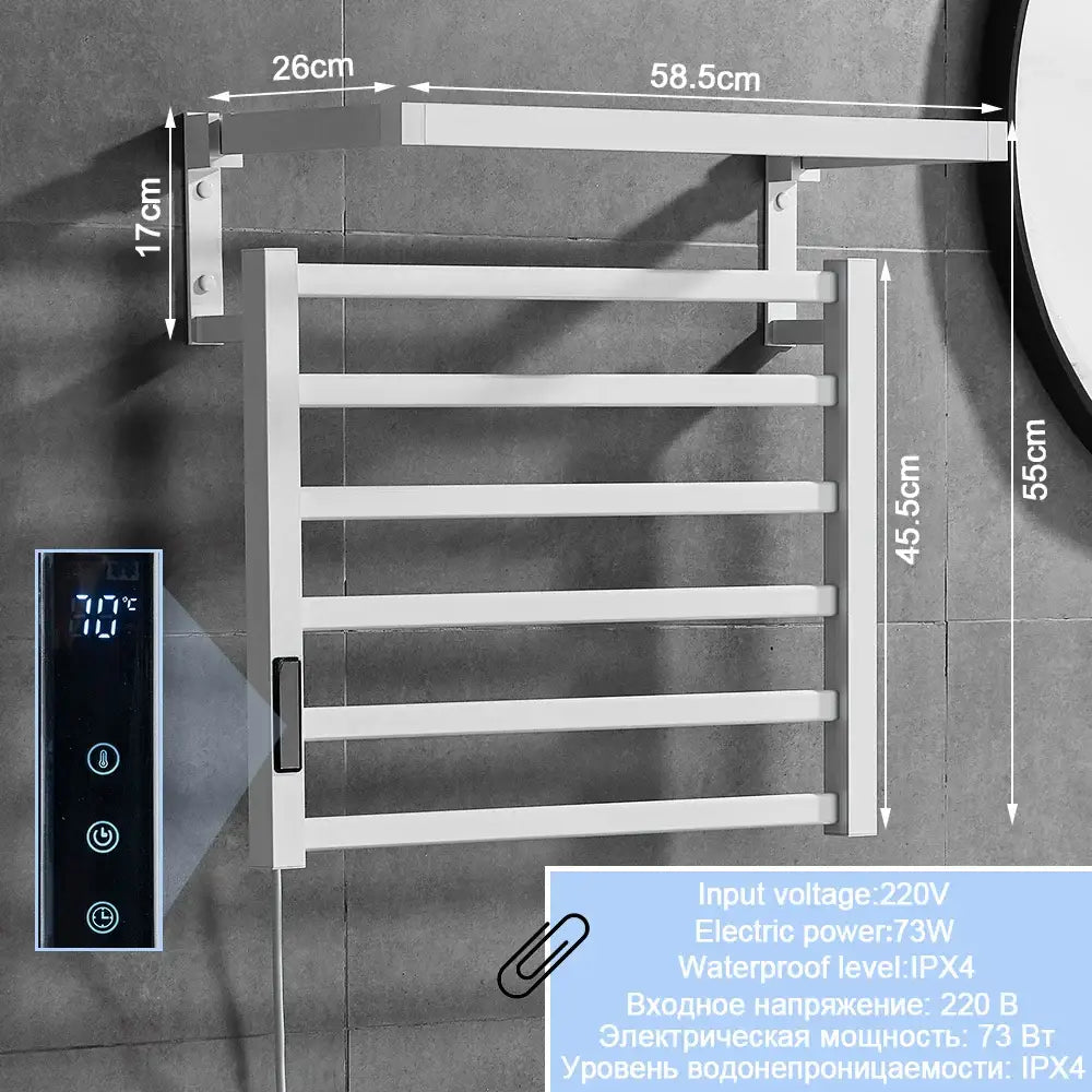 Modern black electric towel warmer with shelf featuring white electric towel rack, digital temperature display, and ipx4 waterproof rating