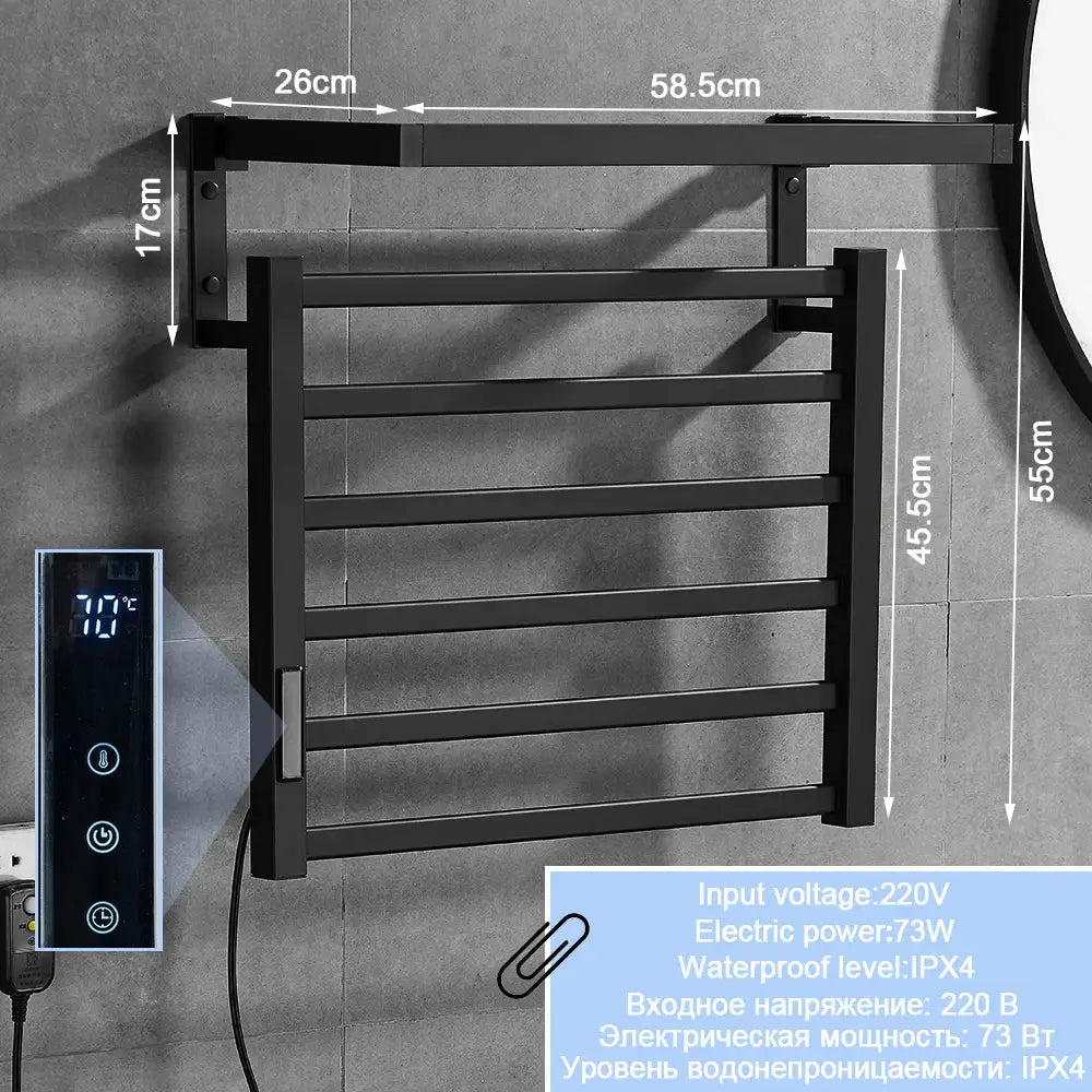 Modern black electric towel warmer with matte finish shelf and digital temperature control for bathroom use