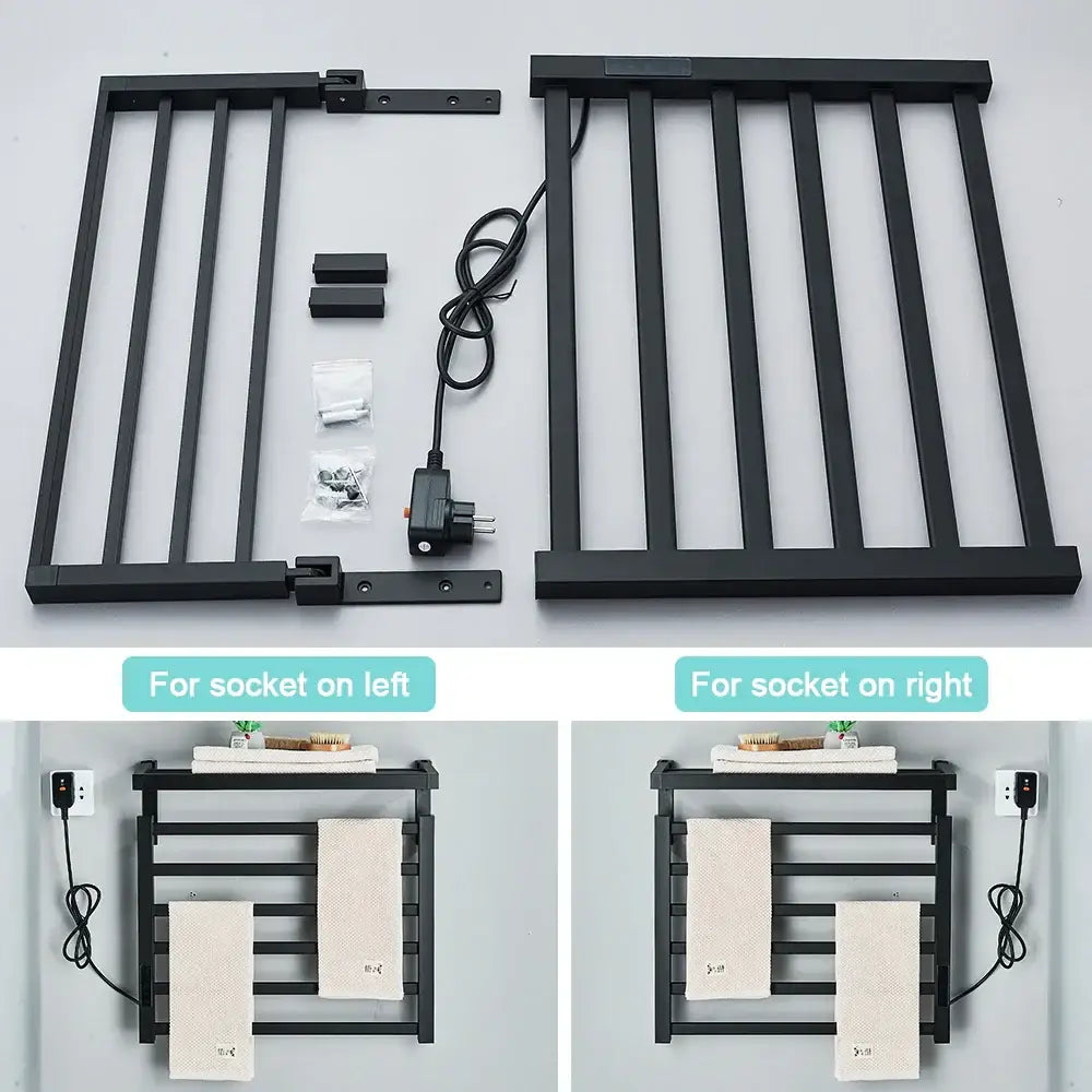 Modern black electric towel warmer with multiple bars and shelf for bathroom use with power cord for wall mounting