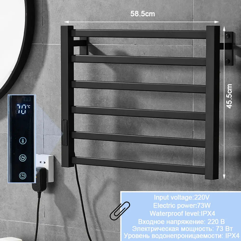 Modern black electric towel warmer with matte finish shelf and digital temperature control for bathroom use