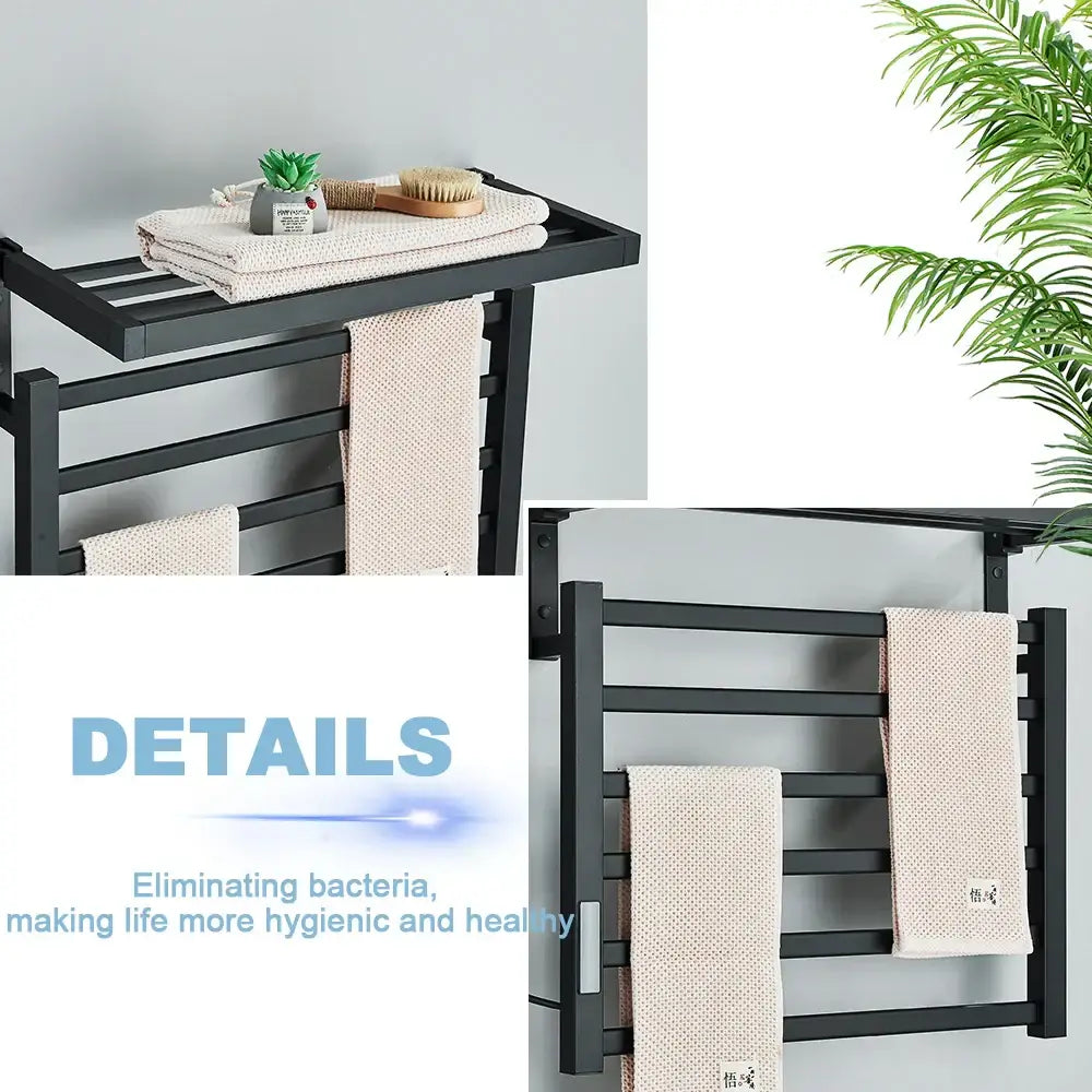Modern black electric towel warmer with horizontal bars and shelf holding towels brush and plant for bathroom use