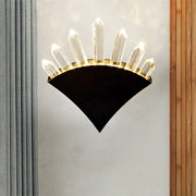 Modern black fan crystal wall light fixture with seven clear faceted prisms and smd bulb base for bedroom sconce