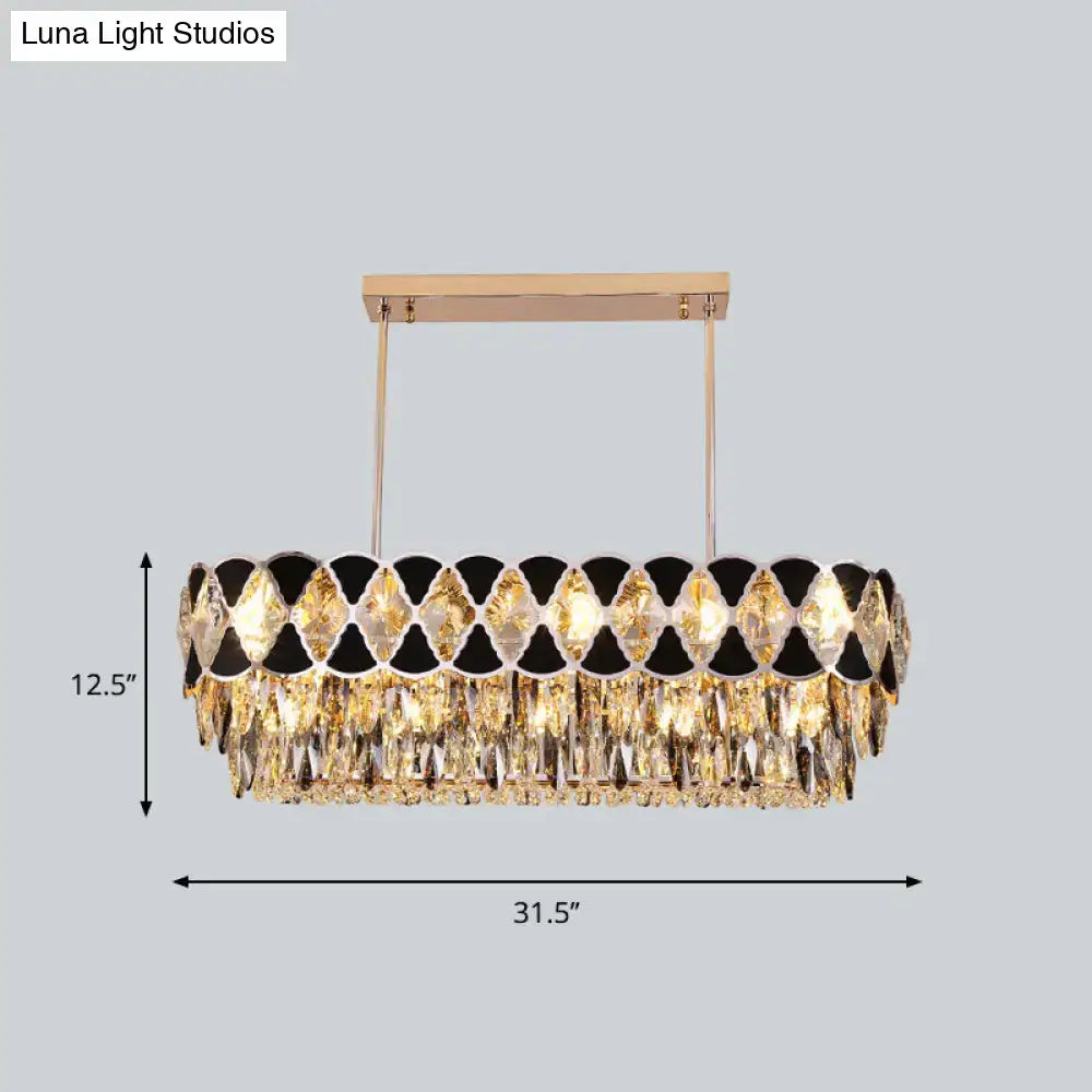 Decorbites™ modern black finish oval island chandelier with crystal finish featuring gold-toned circular design and draping crystals 220v-240v 110v-120v
