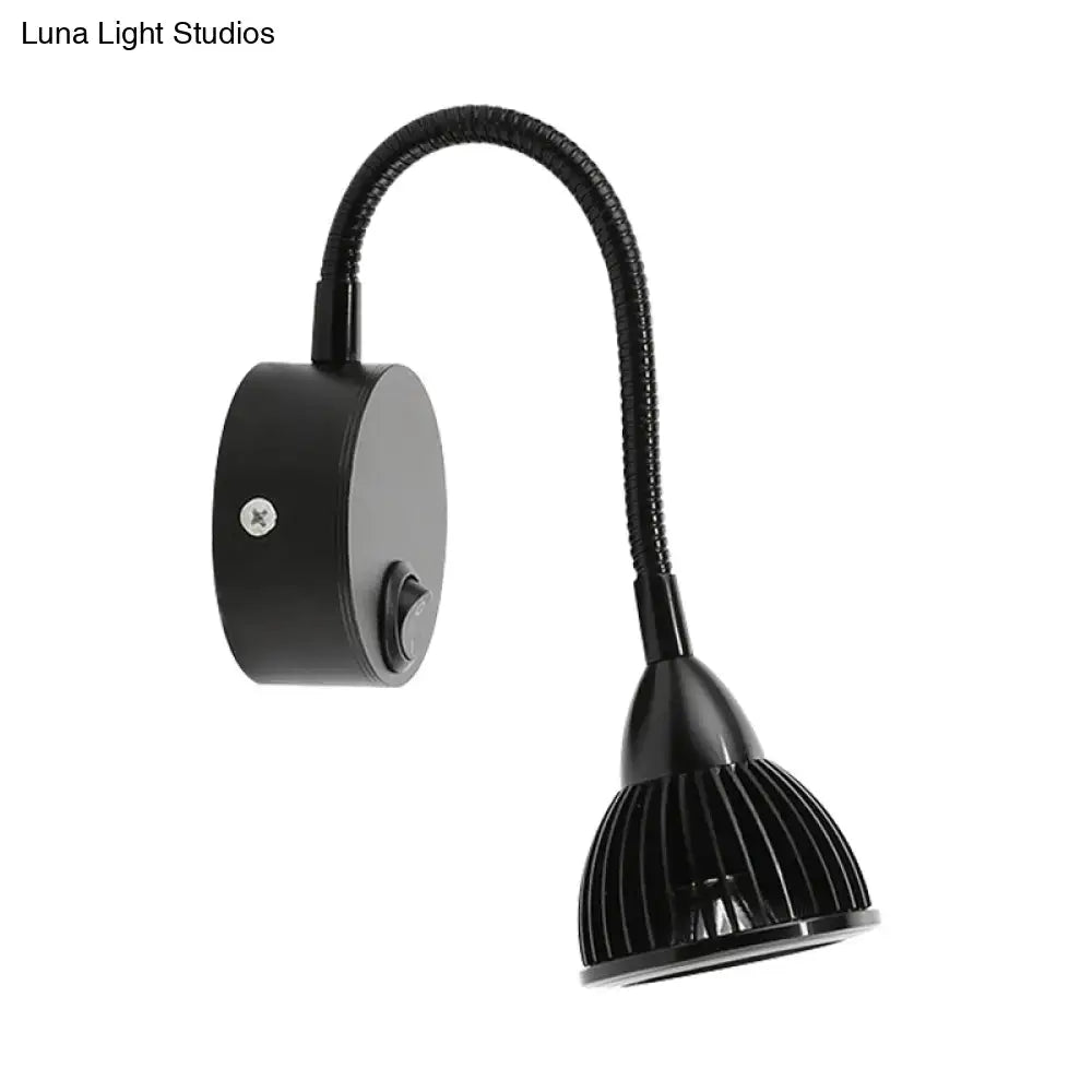 Black finish warm white led metal shade wall lamp with flexible gooseneck and ribbed light head for bedroom use