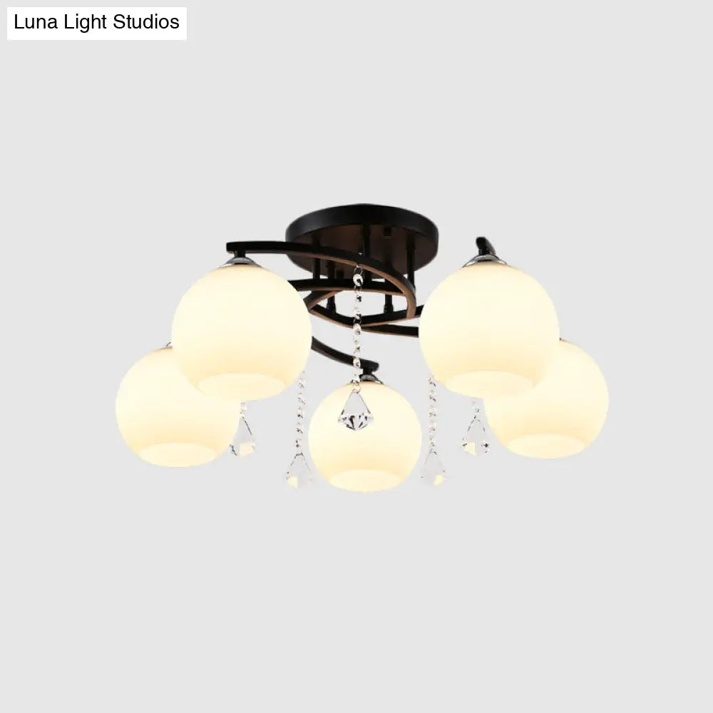 DecorBites™ DecorBites™ Modern Black Finish Sphere Semi Flush Lamp with Cream Glass - 5-Bulb Spiral Flush Mount Lighting Fixture