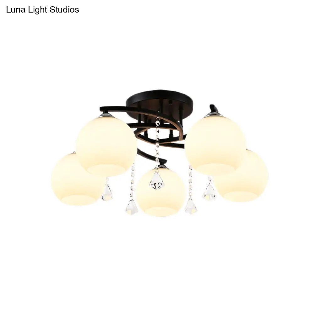 DecorBites™ DecorBites™ Modern Black Finish Sphere Semi Flush Lamp with Cream Glass - 5-Bulb Spiral Flush Mount Lighting Fixture