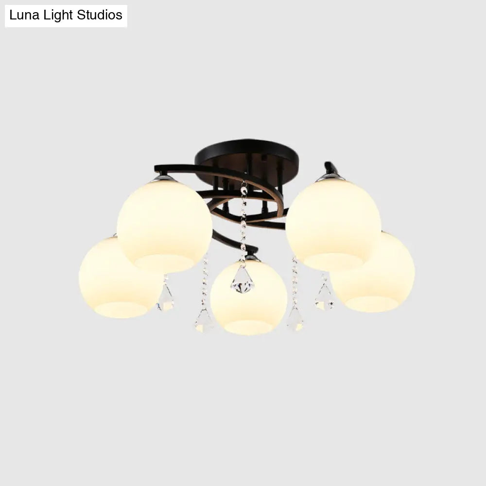 DecorBites™ DecorBites™ Modern Black Finish Sphere Semi Flush Lamp with Cream Glass - 5-Bulb Spiral Flush Mount Lighting Fixture