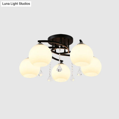 DecorBites™ DecorBites™ Modern Black Finish Sphere Semi Flush Lamp with Cream Glass - 5-Bulb Spiral Flush Mount Lighting Fixture