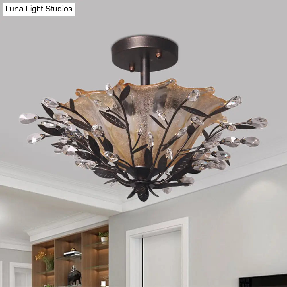 DecorBites™ DecorBites™ Modern Black Flared Semi-Flush Mount Ceiling Light with Amber Glass and Crystal Branch Accent – 2 Heads, Living Room Fixture