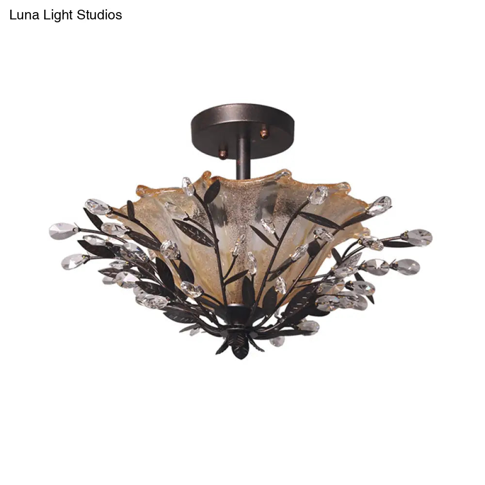 DecorBites™ DecorBites™ Modern Black Flared Semi-Flush Mount Ceiling Light with Amber Glass and Crystal Branch Accent – 2 Heads, Living Room Fixture