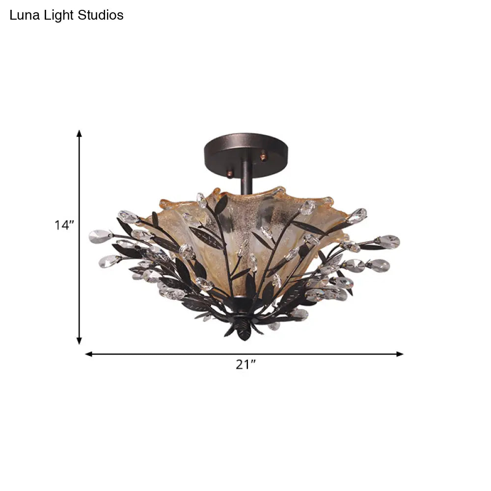 DecorBites™ DecorBites™ Modern Black Flared Semi-Flush Mount Ceiling Light with Amber Glass and Crystal Branch Accent – 2 Heads, Living Room Fixture