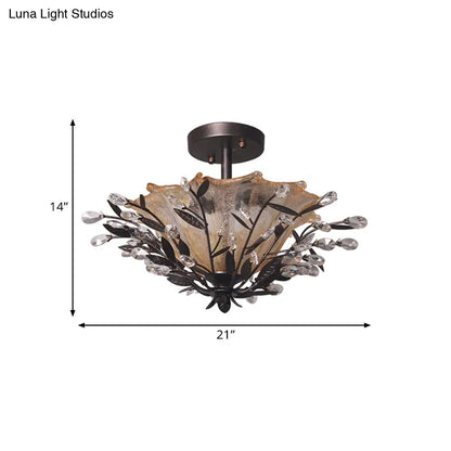 DecorBites™ DecorBites™ Modern Black Flared Semi-Flush Mount Ceiling Light with Amber Glass and Crystal Branch Accent – 2 Heads, Living Room Fixture
