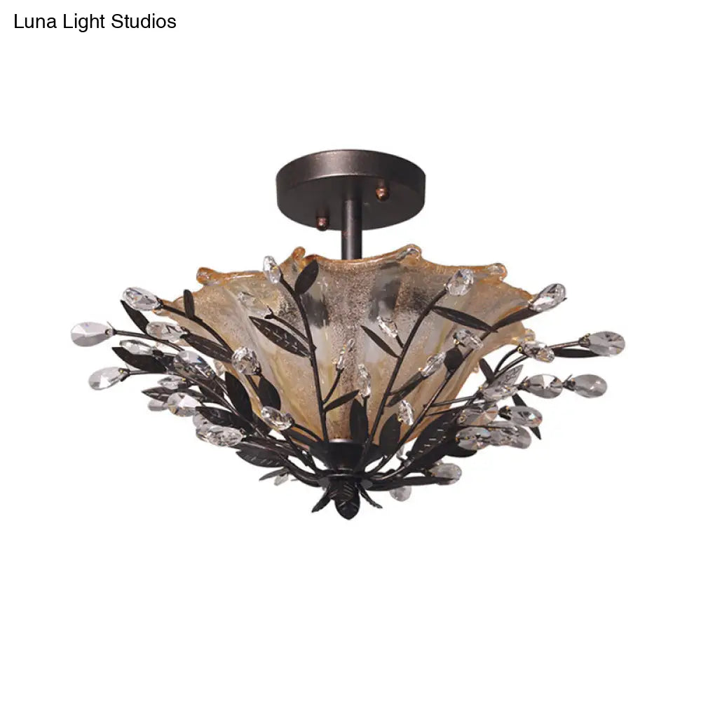 DecorBites™ DecorBites™ Modern Black Flared Semi-Flush Mount Ceiling Light with Amber Glass and Crystal Branch Accent – 2 Heads, Living Room Fixture