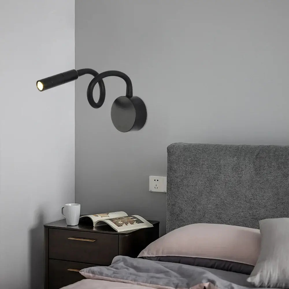 Modern black flexible gooseneck led wall sconces with circular base for bedroom reading by decorbites led wall