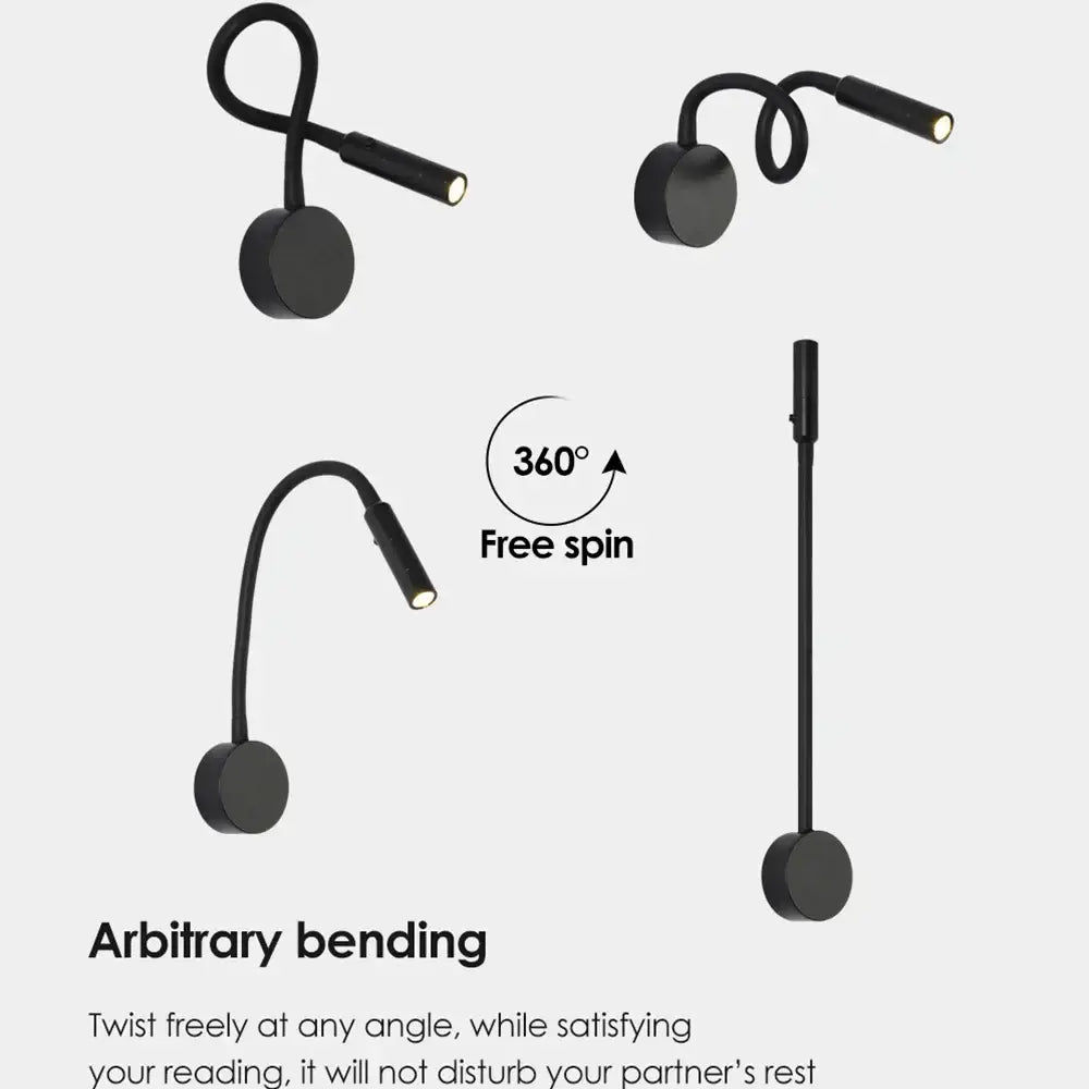 Modern black flexible gooseneck led wall sconce with circular base for bedroom reading by decorbites led wall