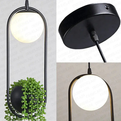 Modern black flower pot pendant light with frosted glass bulb and integrated planter for dining room decorbites decor